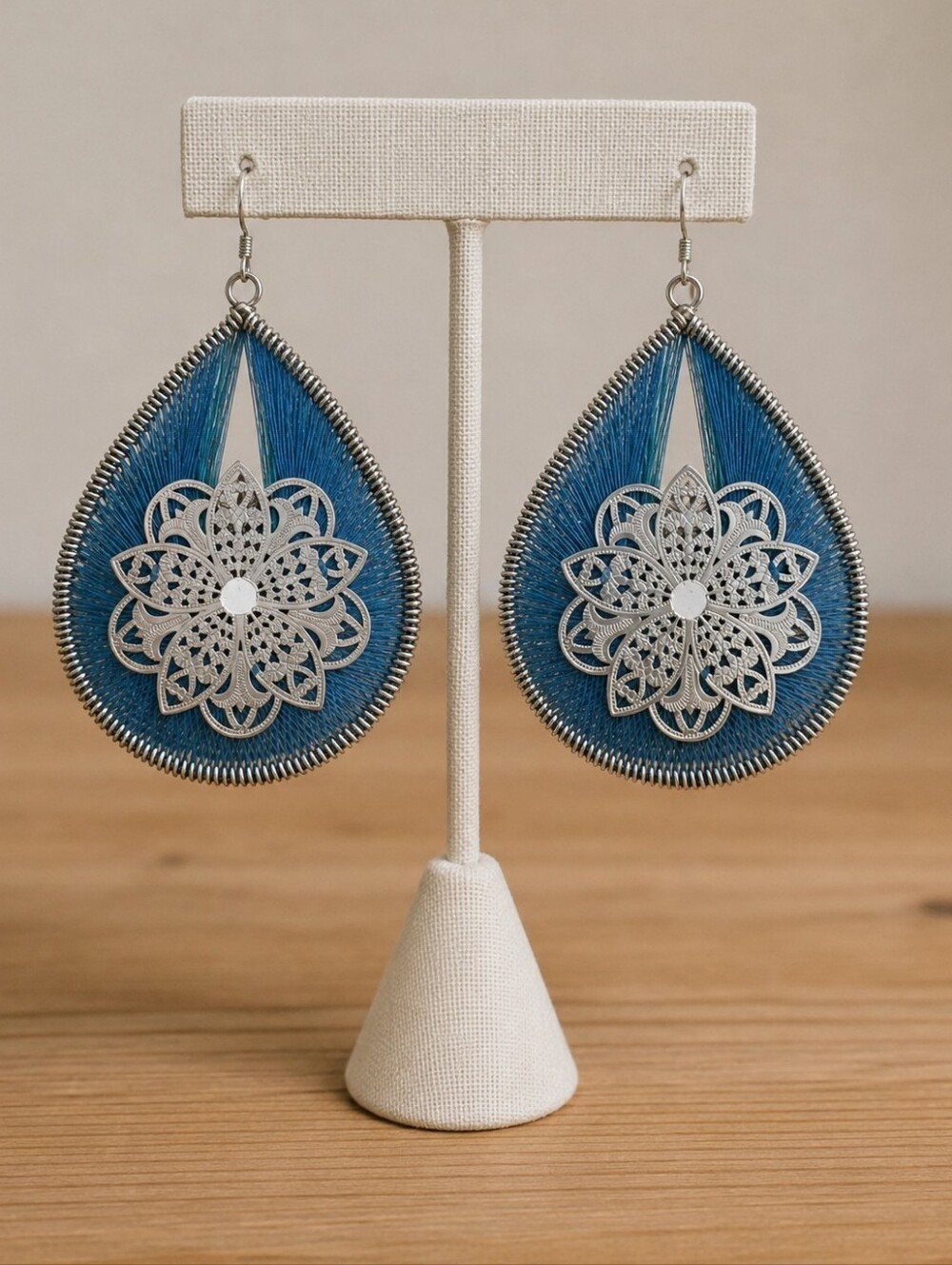 Peruvian Teal Blue Thread Teardrop Earrings Silver Filigree Mandala Boho